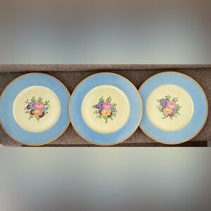 3 KRAUTHEIM SELB BAVARIA GER CHINA FLORAL W/ BLUE HAND PAINTED DINNER PLATES